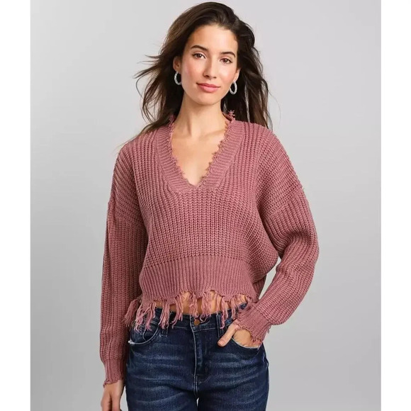 Love‎ Tree Women's Small Pink Distressed V-Neck Fringed Ribbed Knit Sweater - Picture 1 of 6